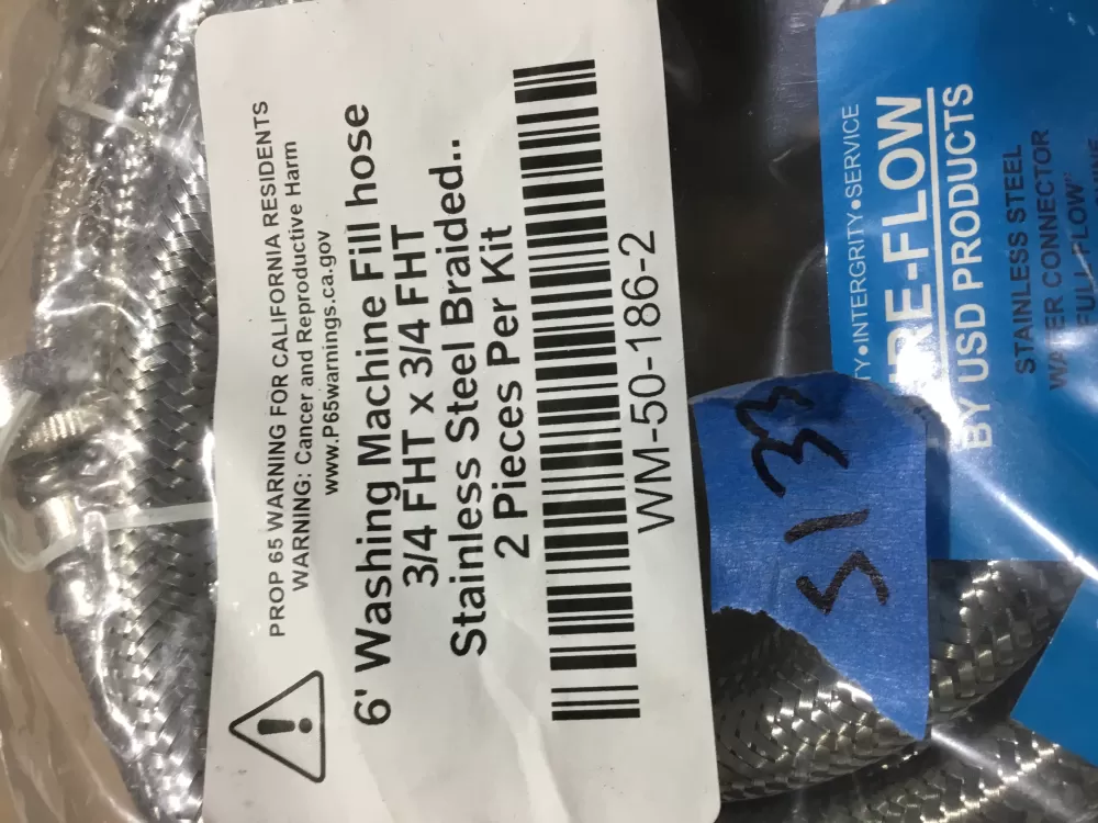 Washer Fill Hose  6-ft  Stainless Steel Braided WM-50-186-2 AZ90283 | Sl33